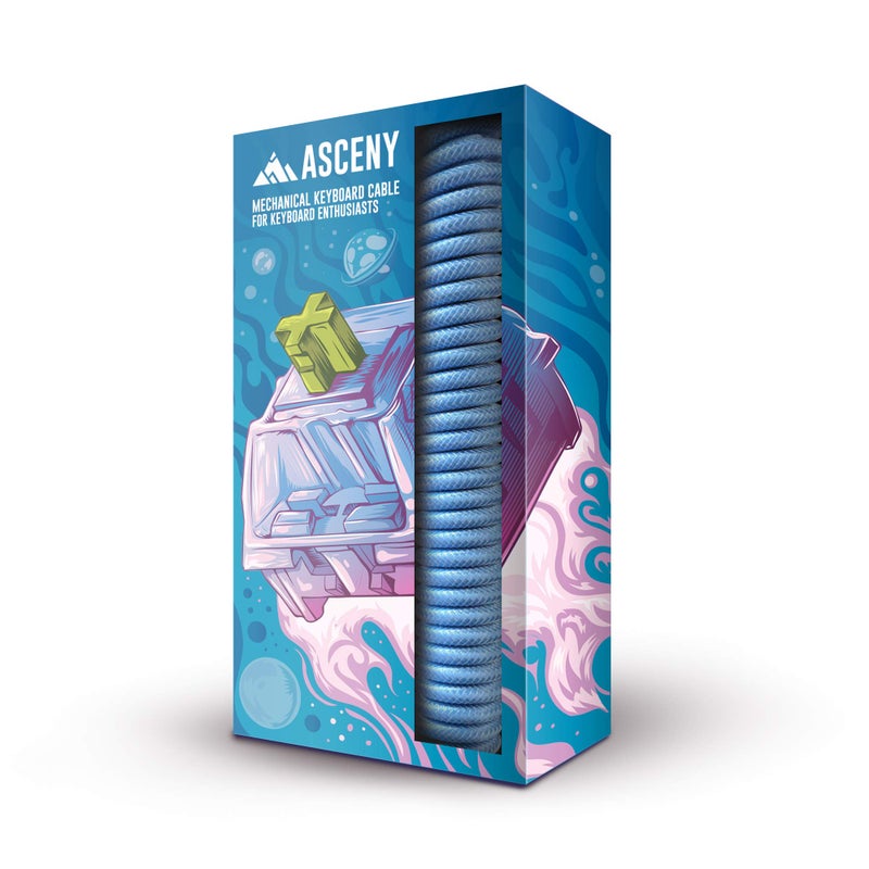 ASCENY Coiled & Double-Sleeved Mechanical Keyboard Cable, for Type-C Mechanical Keyboards (Blue) - Image 1